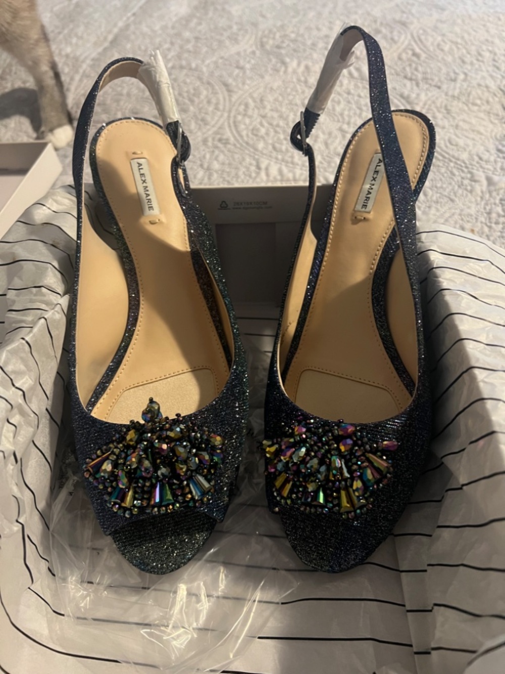 Alex Marie iridescent peacock blue open toe pumps